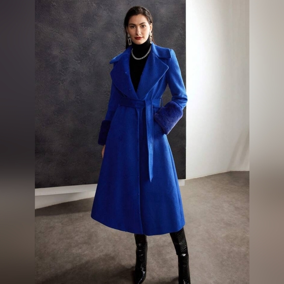 WOOL-BLEND FAUX FUR FUZZY CUFF OVERCOAT Winter Coat Outerwear - Picture 7 of 11